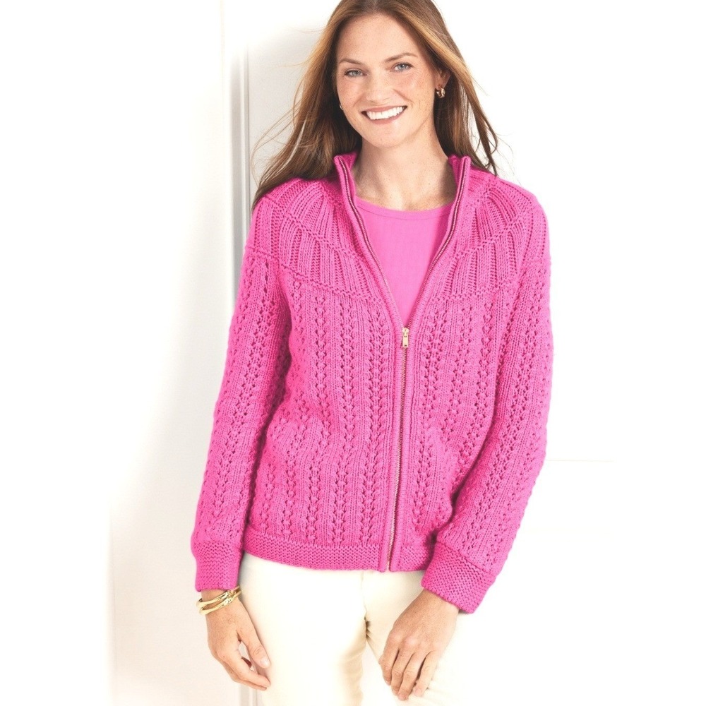 TALBOTS Mixed Stitch Cable Knit Cardigan Zip Up Sweater Cotton All Seasons Sz XL